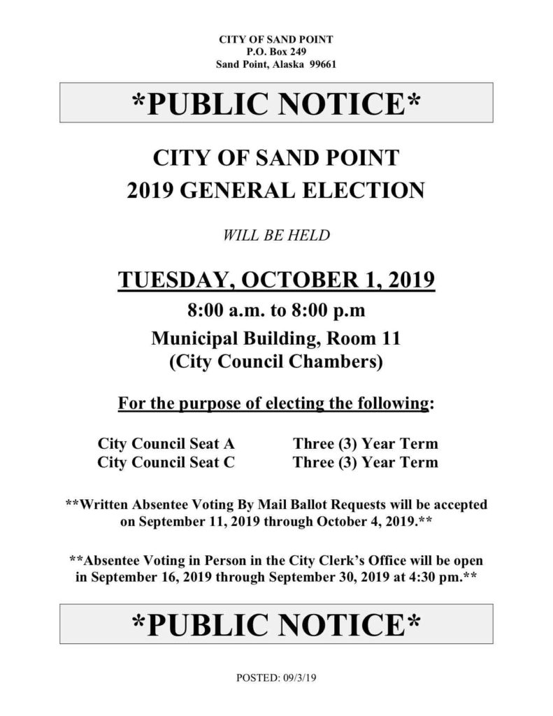 2019 Sand Point Municipal Elections Sample Ballot and Announcement