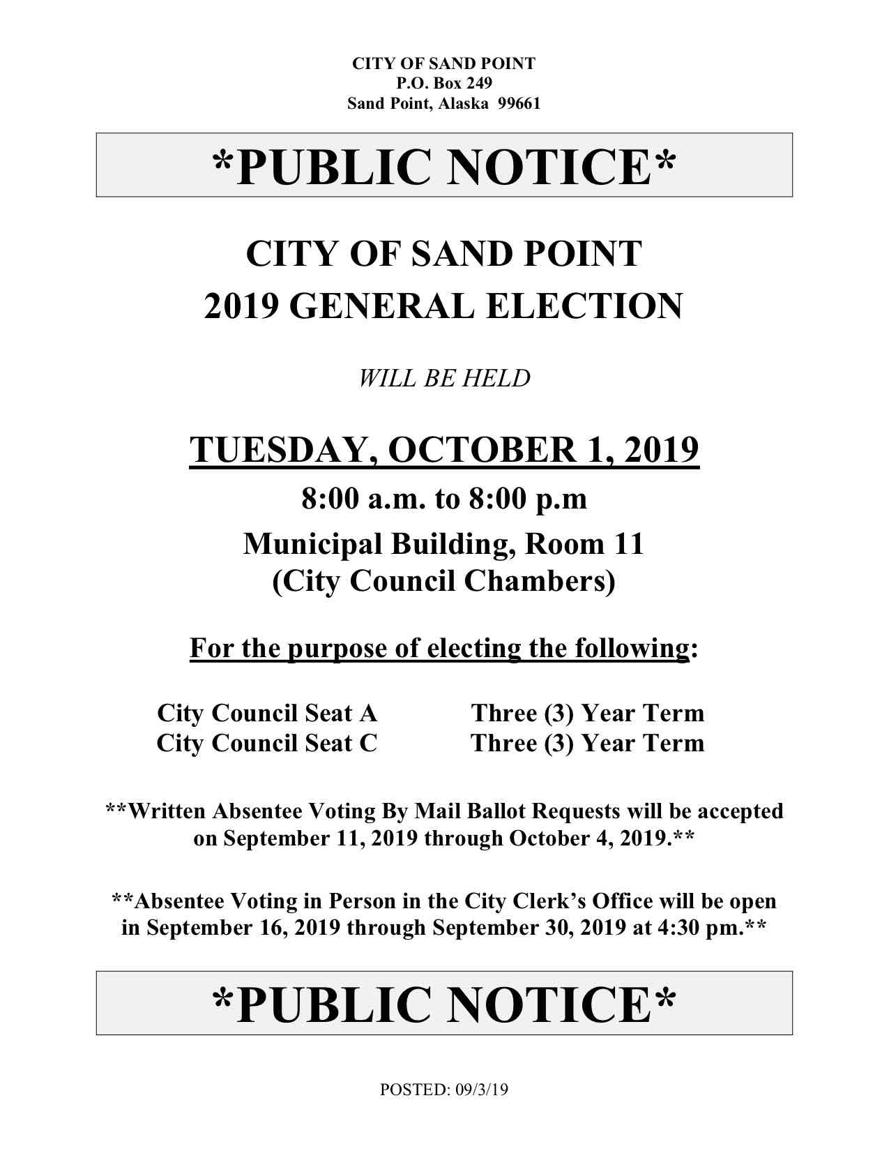 2019 Sand Point Municipal Elections Sample Ballot and Announcement