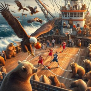 Basketball game played by a team of bald eagles against a team of grizzly bears on the deck of a purse seine fishing boat.